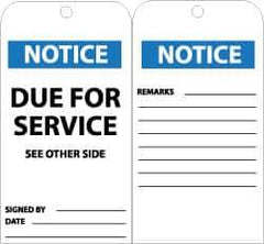 NMC - 3" High x 6" Long, NOTICE - DUE FOR SERVICE, English Safety & Facility Accident Prevention Tag - Tag Header: Notice, 2 Sides, Black, White & Blue Unrippable Vinyl - Eagle Tool & Supply