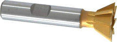 Made in USA - 3/4" Diam x 5/16" Width of Cut, 60° Included Angle, High Speed Steel Dovetail Cutter - 3/8" Shank Diam, 2-1/8" Overall Length, Weldon Flat, TiN Coated - Eagle Tool & Supply