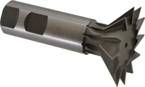 Made in USA - 2-1/4" Diam x 11/16" Width of Cut, 45° Included Angle, High Speed Steel Dovetail Cutter - 1" Shank Diam, 3-1/16" Shank Length, 3-3/4" Overall Length, Weldon Flat, Uncoated - Eagle Tool & Supply