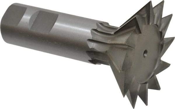 Made in USA - 2-1/2" Diam x 3/4" Width of Cut, 45° Included Angle, High Speed Steel Dovetail Cutter - 1" Shank Diam, 3" Shank Length, 3-3/4" Overall Length, Weldon Flat, Uncoated - Eagle Tool & Supply