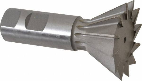 Made in USA - 2-1/4" Diam x 1-1/16" Width of Cut, 60° Included Angle, High Speed Steel Dovetail Cutter - 1" Shank Diam, 3-3/4" Overall Length, Weldon Flat, Uncoated - Eagle Tool & Supply