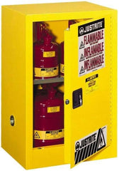 Justrite - 1 Door, 1 Shelf, Yellow Steel Space Saver Safety Cabinet for Flammable and Combustible Liquids - 35" High x 23-1/4" Wide x 18" Deep, Manual Closing Door, 12 Gal Capacity - Eagle Tool & Supply