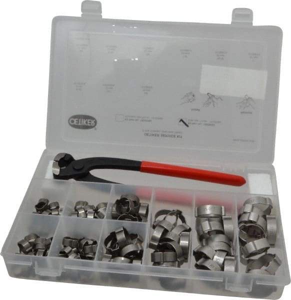 Oetiker - 124 Piece, 5/16 to 1" Diam, 2-Ear Service Clamp Kit - 123 Clamps & 1 Stainless Steel Side Jaw Pincer - Eagle Tool & Supply