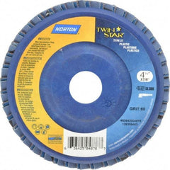 Norton - 60 Grit, 4-1/2" Disc Diam, 7/8" Center Hole, Type 27 Ceramic Flap Disc - 13,000 Max RPM, Plastic Backing, Arbor Attaching System, Coated - Eagle Tool & Supply