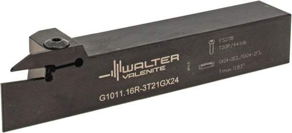 Walter - External Thread, 0.827" Max Depth of Cut, 3mm Min Groove Width, 150.01mm OAL, Right Hand Indexable Grooving Cutoff Toolholder - 25.4mm Shank Height x 25.4mm Shank Width, GX24-2E3/F3.. Insert Style, G1011 Toolholder Style - Eagle Tool & Supply