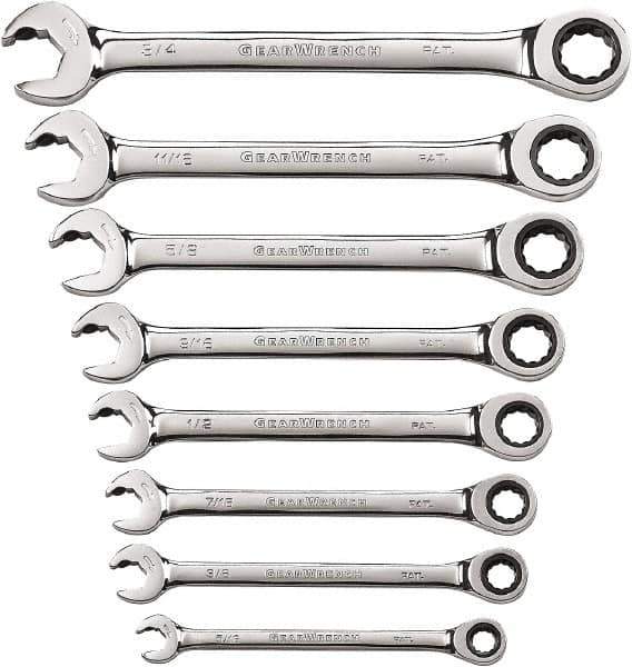 GearWrench - 8 Piece, 5/16" to 3/4", 12 Point Ratcheting Combination Wrench Set - Inch Measurement Standard, Chrome Finish - Eagle Tool & Supply