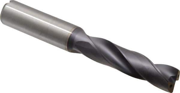 Kennametal - 9/16" 180° Spiral Flute Solid Carbide Screw Machine Drill Bit - TiAlN Finish, Right Hand Cut, 2-9/16" Flute Length, 115mm OAL, Flat-Bottom Point, Straight Shank, Through Coolant - Eagle Tool & Supply