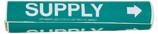 Made in USA - Pipe Marker with Supply Legend and Arrow Graphic - 3-3/8 to 4-1/2" Pipe Outside Diam, White on Green - Eagle Tool & Supply