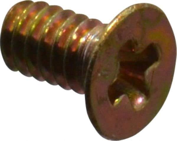 Made in USA - #0-80 UNF, 1/8" OAL Phillips Drive Machine Screw - Flat Head, Grade 3 Steel, Yellow Cadmium-Plated Finish, Without Washer - Eagle Tool & Supply