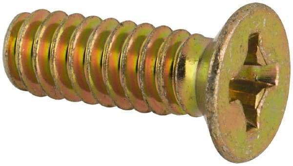Made in USA - #6-32 UNC, 7/16" OAL Phillips Drive Machine Screw - Flat Head, Grade 3 Steel, Yellow Cadmium-Plated Finish, Without Washer - Eagle Tool & Supply