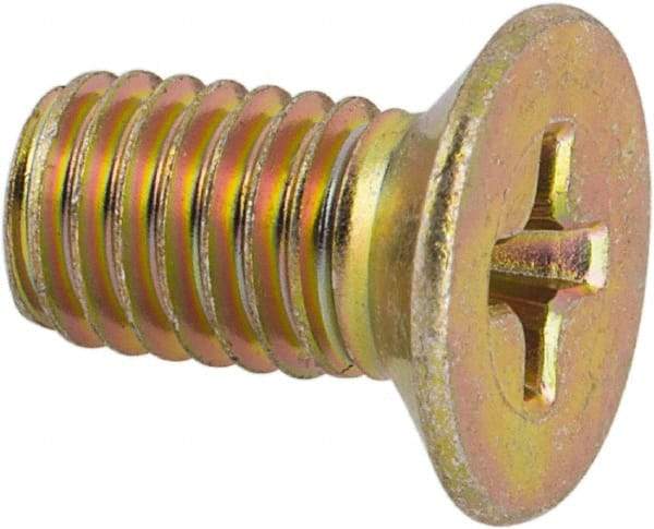 Made in USA - #10-32 UNF, 3/8" OAL Phillips Drive Machine Screw - Flat Head, Grade 3 Steel, Yellow Cadmium-Plated Finish, Without Washer - Eagle Tool & Supply