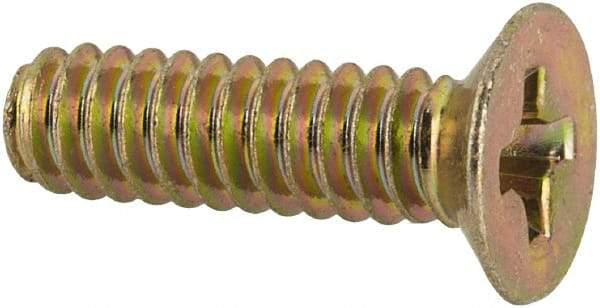 Made in USA - #6-32 UNC, 1/2" OAL Phillips Drive Machine Screw - Flat Head, Grade 3 Steel, Yellow Cadmium-Plated Finish, Without Washer - Eagle Tool & Supply