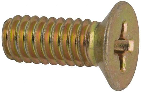 Made in USA - #8-32 UNC, 7/16" OAL Phillips Drive Machine Screw - Flat Head, Grade 3 Steel, Yellow Cadmium-Plated Finish, Without Washer - Eagle Tool & Supply