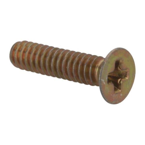 Made in USA - #4-40 UNC, 1/2" OAL Phillips Drive Machine Screw - Flat Head, Grade 3 Steel, Yellow Cadmium-Plated Finish, Without Washer - Eagle Tool & Supply