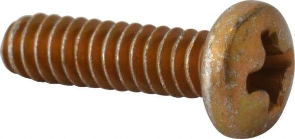 Made in USA - #6-32 UNC, 1/2" Length Under Head Phillips Drive Machine Screw - Pan Head, Grade 3 Steel, Yellow Cadmium-Plated Finish, Without Washer - Eagle Tool & Supply