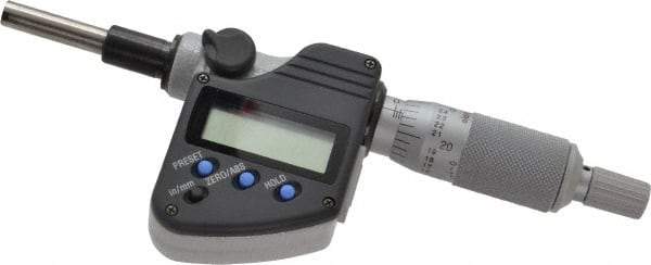Mitutoyo - 0 to 25.4mm Range, 6.35mm Spindle Diameter, 156.5mm OAL, Flat Spindle Electronic Micrometer Head - 0.00005" Resolution, 0.0001" Accuracy, Carbide Measuring Face, Data Output - Eagle Tool & Supply