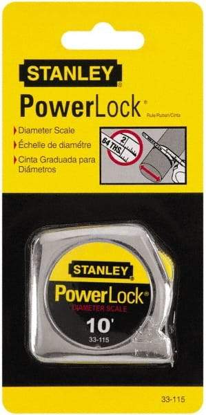 Stanley - 10' x 1/4" Yellow Blade Tape Measure - 1/32 & 1/16" Graduation, Inch Graduation Style, Silver Case - Eagle Tool & Supply