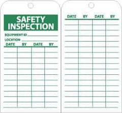 NMC - 3" High x 6" Long, SAFETY INSPECTION, English Safety & Facility Lockout Tag - Tag Header: Notice, 2 Sides, Green & White Unrippable Vinyl - Eagle Tool & Supply