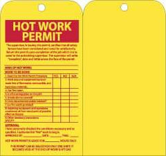 NMC - 4" High x 7-1/2" Long, HOT WORK PERMIT, English Safety & Facility Accident Prevention Tag - Tag Header: Notice, 1 Side, Yellow & Red Unrippable Vinyl - Eagle Tool & Supply