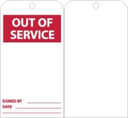 NMC - 3" High x 6" Long, OUT OF SERVICE, English Safety & Facility Lockout Tag - Tag Header: Notice, 2 Sides, Red & White Unrippable Vinyl - Eagle Tool & Supply