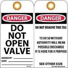 NMC - 3" High x 6" Long, DANGER - DO NOT OPEN VALVE, English Safety & Facility Lockout Tag - Tag Header: Danger, 2 Sides, Black, Red & White Unrippable Vinyl - Eagle Tool & Supply