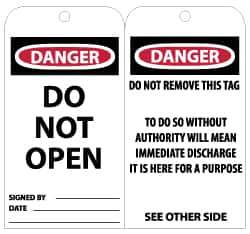 NMC - 3" High x 6" Long, DANGER - DO NOT OPEN, English Safety & Facility Lockout Tag - Tag Header: Danger, 2 Sides, Black, Red & White Unrippable Vinyl - Eagle Tool & Supply