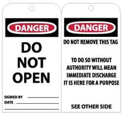 NMC - 3" High x 6" Long, DANGER - DO NOT OPEN, English Safety & Facility Lockout Tag - Tag Header: Danger, 2 Sides, Black, Red & White Unrippable Vinyl - Eagle Tool & Supply