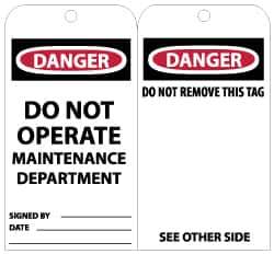 NMC - 3" High x 6" Long, DANGER - DO NOT OPERATE - MAINTENANCE DEPARTMENT, English Safety & Facility Lockout Tag - Tag Header: Danger, 2 Sides, Black, Red & White Unrippable Vinyl - Eagle Tool & Supply