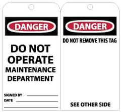 NMC - 3" High x 6" Long, DANGER - DO NOT OPERATE - MAINTENANCE DEPARTMENT, English Safety & Facility Lockout Tag - Tag Header: Danger, 2 Sides, Black, Red & White Unrippable Vinyl - Eagle Tool & Supply