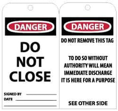 NMC - 3" High x 6" Long, DANGER - DO NOT CLOSE, English Safety & Facility Lockout Tag - Tag Header: Danger, 2 Sides, Black, Red & White Unrippable Vinyl - Eagle Tool & Supply
