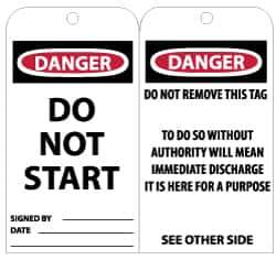 NMC - 3" High x 6" Long, DANGER - DO NOT START, English Safety & Facility Lockout Tag - Tag Header: Danger, 2 Sides, Black, Red & White Unrippable Vinyl - Eagle Tool & Supply