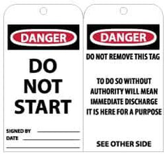 NMC - 3" High x 6" Long, DANGER - DO NOT START, English Safety & Facility Lockout Tag - Tag Header: Danger, 2 Sides, Black, Red & White Unrippable Vinyl - Eagle Tool & Supply