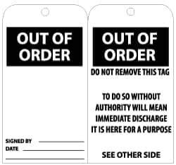 NMC - 3" High x 6" Long, OUT OF ORDER, English Safety & Facility Lockout Tag - Tag Header: CAUTION, 2 Sides, Black & White Unrippable Vinyl - Eagle Tool & Supply