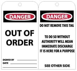 NMC - 3" High x 6" Long, DANGER - OUT OF ORDER, English Safety & Facility Lockout Tag - Tag Header: Danger, 2 Sides, Black, Red & White Unrippable Vinyl - Eagle Tool & Supply
