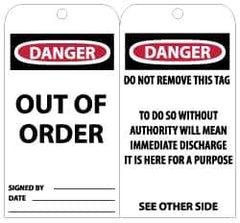 NMC - 3" High x 6" Long, DANGER - OUT OF ORDER, English Safety & Facility Lockout Tag - Tag Header: Danger, 2 Sides, Black, Red & White Unrippable Vinyl - Eagle Tool & Supply