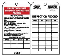 NMC - 3" High x 6" Long, FIRE EXTINGUISHER RECHARGE & INSPECTION RECORD, English Safety & Facility Inspection Tag - Tag Header: Danger, 2 Sides, Black & White Unrippable Vinyl - Eagle Tool & Supply