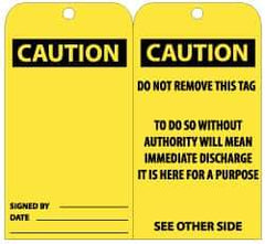 NMC - 3" High x 6" Long, CAUTION, English Safety & Facility Lockout Tag - Tag Header: CAUTION, 2 Sides, Black & Yellow Unrippable Vinyl - Eagle Tool & Supply