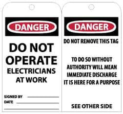 NMC - 3" High x 6" Long, DANGER - DO NOT OPERATE - ELECTRICIANS AT WORK, English Safety & Facility Lockout Tag - Tag Header: Danger, 2 Sides, Black, Red & White Unrippable Vinyl - Eagle Tool & Supply