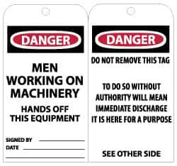 NMC - 3" High x 6" Long, DANGER - MEN WORKING ON MACHINERY - HANDS OFF THIS EQUIPMENT, English Safety & Facility Lockout Tag - Tag Header: Danger, 2 Sides, Black, Red & White Unrippable Vinyl - Eagle Tool & Supply