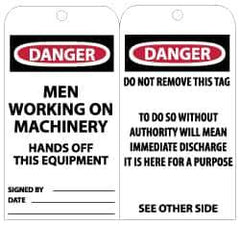 NMC - 3" High x 6" Long, DANGER - MEN WORKING ON MACHINERY - HANDS OFF THIS EQUIPMENT, English Safety & Facility Lockout Tag - Tag Header: Danger, 2 Sides, Black, Red & White Unrippable Vinyl - Eagle Tool & Supply