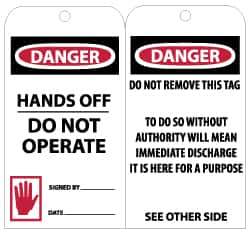 NMC - 3" High x 6" Long, DANGER - HANDS OFF - DO NOT OPERATE, English Safety & Facility Lockout Tag - Tag Header: Danger, 2 Sides, Black, Red & White Unrippable Vinyl - Eagle Tool & Supply