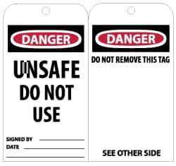 NMC - 3" High x 6" Long, DANGER - UNSAFE DO NOT USE, English Safety & Facility Lockout Tag - Tag Header: Danger, 2 Sides, Black, Red & White Unrippable Vinyl - Eagle Tool & Supply