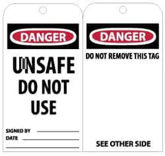 NMC - 3" High x 6" Long, DANGER - UNSAFE DO NOT USE, English Safety & Facility Lockout Tag - Tag Header: Danger, 2 Sides, Black, Red & White Unrippable Vinyl - Eagle Tool & Supply