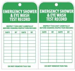 NMC - 3" High x 6" Long, EMERGENCY SHOWER & EYE WASH TEST RECORD, English Safety & Facility Inspection Tag - Tag Header: Danger, 2 Sides, Green & White Unrippable Vinyl - Eagle Tool & Supply