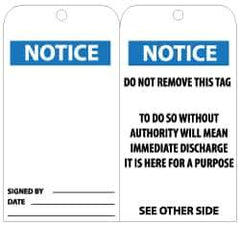NMC - 3" High x 6" Long, Notice, English Safety & Facility Lockout Tag - Tag Header: Notice, 2 Sides, Black, White & Blue Unrippable Vinyl - Eagle Tool & Supply