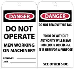 NMC - 3" High x 6" Long, DO NOT OPERATE MEN WORKING ON MACHINERY, English Safety & Facility Lockout Tag - Tag Header: Danger, 2 Sides, Black, Red & White Unrippable Vinyl - Eagle Tool & Supply