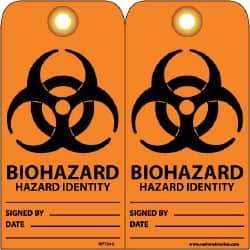 NMC - 3" High x 6" Long, BIOHAZARD - HAZARD IDENTITY, English Safety & Facility Accident Prevention Tag - Tag Header: Warning, 2 Sides, Black & Orange Unrippable Vinyl - Eagle Tool & Supply