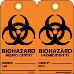 NMC - 3" High x 6" Long, BIOHAZARD - HAZARD IDENTITY, English Safety & Facility Accident Prevention Tag - Tag Header: Warning, 2 Sides, Black & Orange Unrippable Vinyl - Eagle Tool & Supply