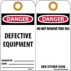 NMC - 3" High x 6" Long, DANGER - DEFECTIVE EQUIPMENT, English Safety & Facility Lockout Tag - Tag Header: Danger, 2 Sides, Black, Red & White Unrippable Vinyl - Eagle Tool & Supply