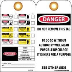 NMC - 3" High x 6" Long, DANGER - TOXIC ACID ALKALINE FLAMMABLE COMBUSTIBLE USE VENTILATION, English Safety & Facility Accident Prevention Tag - Tag Header: Danger, 2 Sides, Black, Red & White Unrippable Vinyl - Eagle Tool & Supply